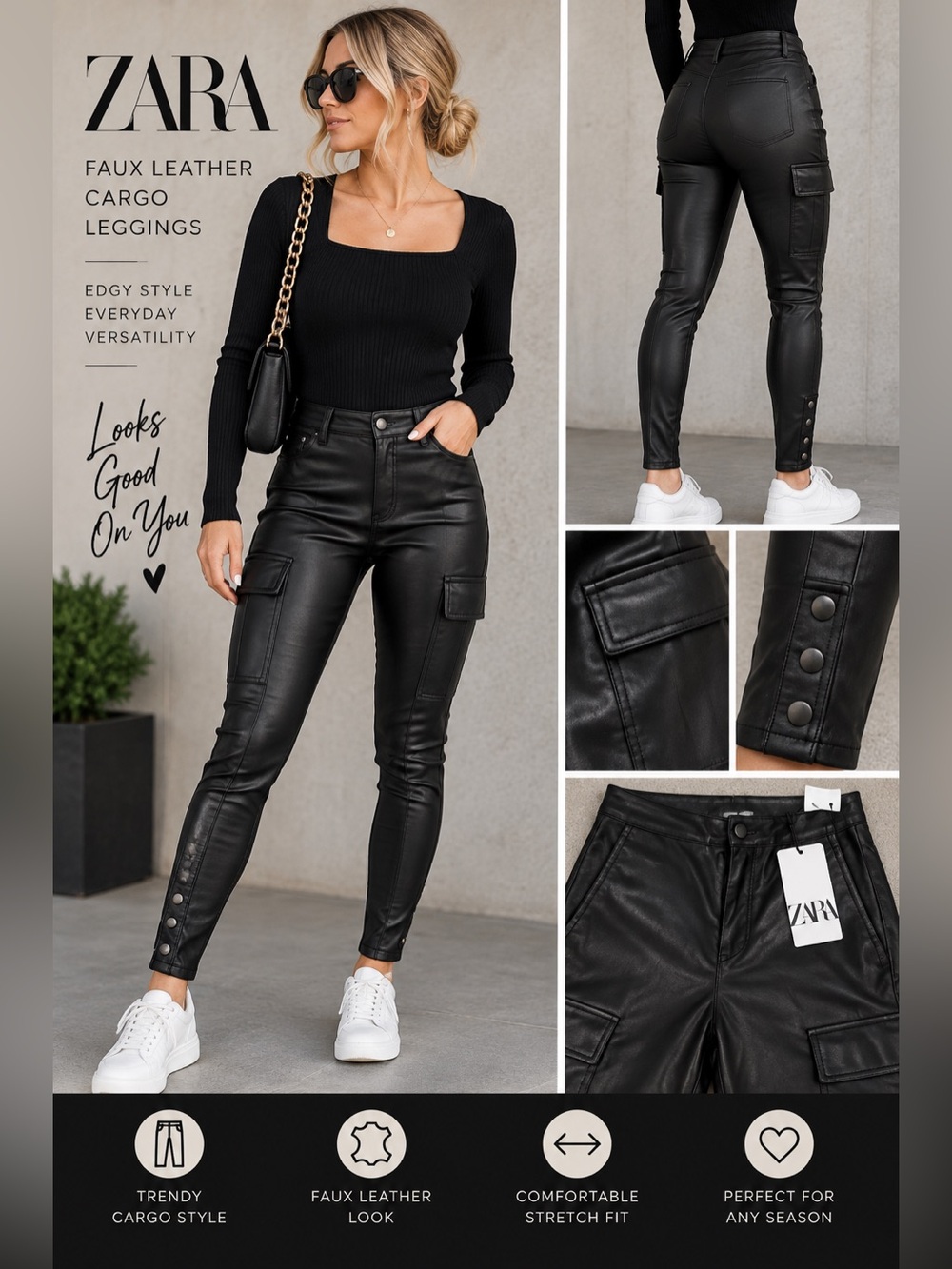 Zara Black Faux Leather Cargo Leggings
